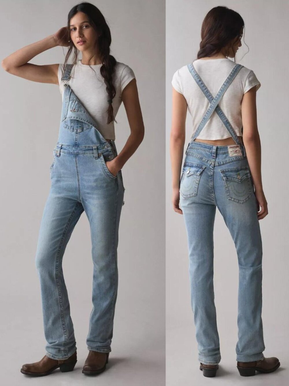 True Religion Big T Bib Straight Leg Overalls stretch denim Western cowgirl 25